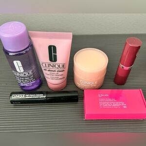 NWT Clinique Pink Polka Dot Makeup and Skincare Bag Bundle, Travel Size